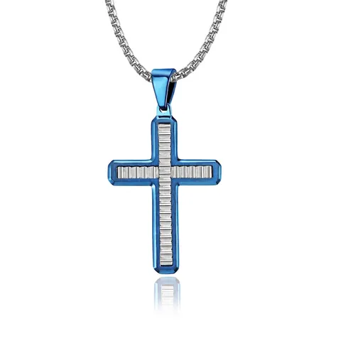 Collar con Colgante de Cruz de Acero Inoxidable con Patrón de Ondas para Hombre Azul Negro Joyería Religiosa con Diamantes de Imitación
