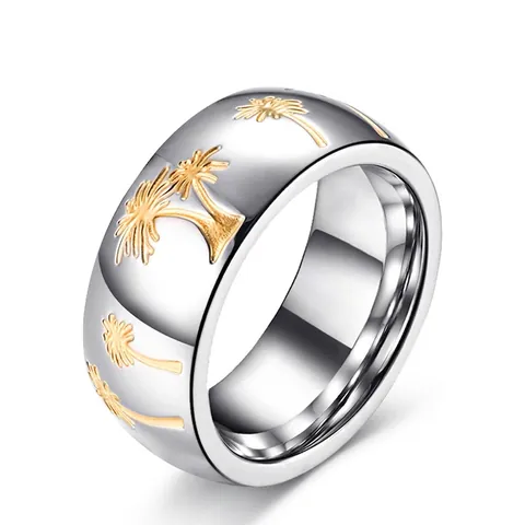 Stainless Steel Two-Tone Palm Tree Ring Men Women Tropical Wide Band Finger Ring Jewelry Gift For Vacation Beach Wear