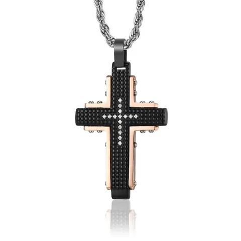 Collar con Colgante de Cruz de Acero Inoxidable Bicolor para Hombre con Diseño de Cuadrícula de Strass Joyería Religiosa de Moda Regalo para Él