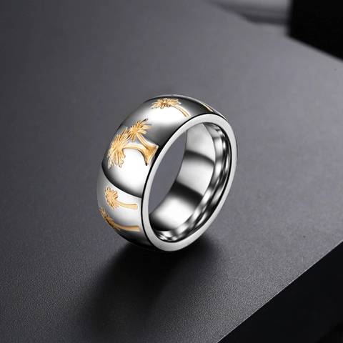 Stainless Steel Two-Tone Palm Tree Ring Men Women Tropical Wide Band Finger Ring Jewelry Gift For Vacation Beach Wear