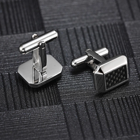 Luxury Men Business Stainless Steel Cufflinks With Carbon Fiber Inlay Rectangular French Shirt Cuff Links Wedding Party Gift