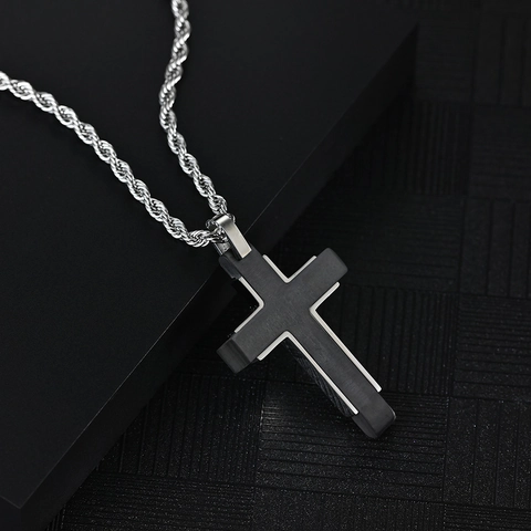 Heren Roestvrij Staal Kruis Hanger Ketting Zwart Zilver Tweekleurig Industrieel Stijl Religieuze Mode Sieraden Cadeau Voor Mannen