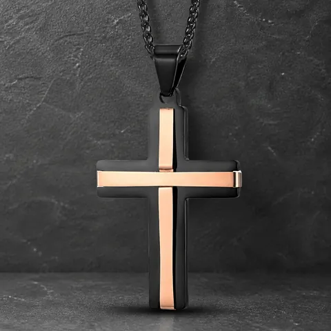 Collar con Colgante de Cruz de Acero Inoxidable Vintage para Hombre Hip Hop Negro Galvanizado Metal Cepillado Strass