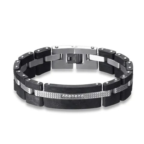 Bracciale Industriale da Uomo in Acciaio Inossidabile con Trama in Fibra di Carbonio Strass Intarsiato Hip Hop Gioielli Regalo