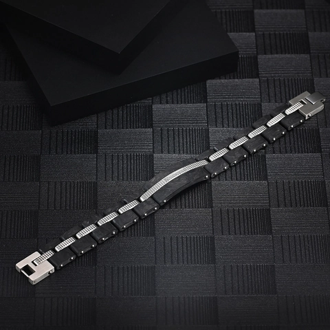 Bracciale Industriale da Uomo in Acciaio Inossidabile con Trama in Fibra di Carbonio Strass Intarsiato Hip Hop Gioielli Regalo