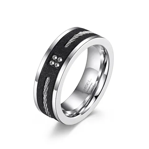 Herren Edelstahl Mattierter Ring Mit Drahtseil Eingelegten Strasssteinen Zweifarbig Industriestil Geometrischer Band Schmuck