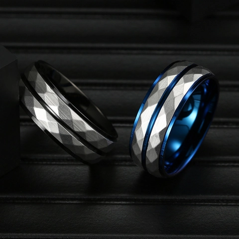 Men Stainless Steel Ring Hip Hop Fashion Industrial Style Faceted Rhombus Texture Blue Silver Dual Tone Band Ring Jewelry