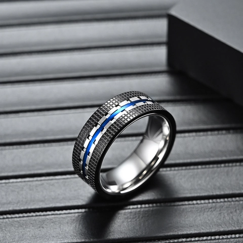 Trendy Men Stainless Steel Grid Pattern Ring Electroplated Two Tone Blue Rose Gold Fashion Band Ring For Men Women Daily Jewelry