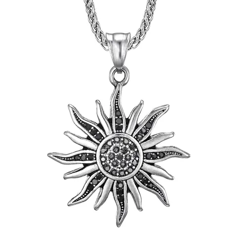 Collana con Ciondolo a Forma di Girasole Dio del Sole in Acciaio Inossidabile Vintage Con Strass Neri Gioielli Unisex Punk Hip Hop Retrò Con Catena