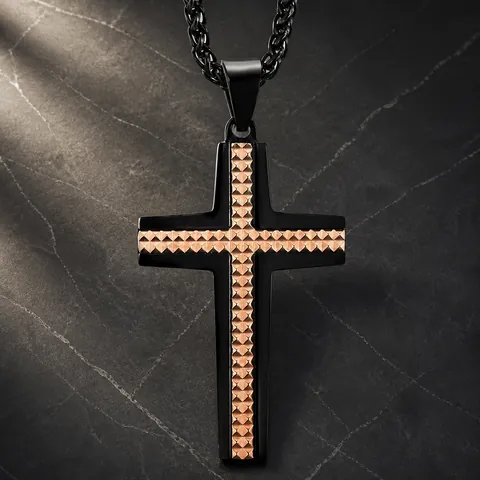 Men Stainless Steel Cross Pendant Necklace Electroplated Rhombic Texture Pyramid Rivet Inlaid Rhinestone Trendy Punk Jewelry
