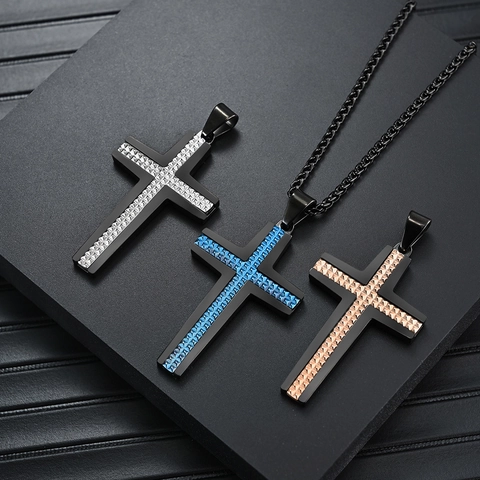Men Stainless Steel Cross Pendant Necklace Electroplated Rhombic Texture Pyramid Rivet Inlaid Rhinestone Trendy Punk Jewelry