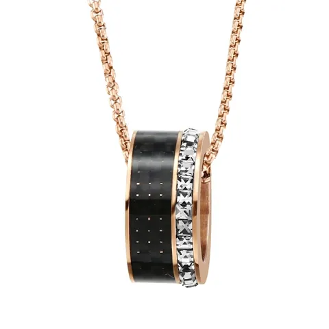 Collar con Colgante de Fibra de Carbono de Acero Inoxidable Clásico para Hombres y Mujeres Collar de Anillo Redondo Geométrico con Diamantes de Imitación