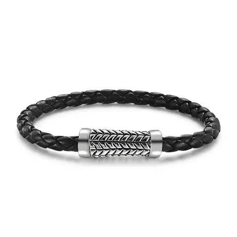 Vintage Herren Schwarz Geflochtenes Lederarmband Mit Edelstahl Rautenmuster Metallverschluss Industrielle Handgewebte Schmuck