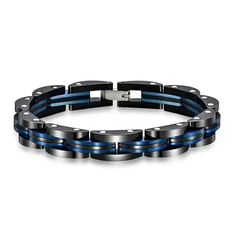 Trendiges Herren Edelstahl Armband Industrie Stil Schwarz Blau Zweifarbig Mechanisches Gliederkette Armband 10mm Breit Punk Schmuck