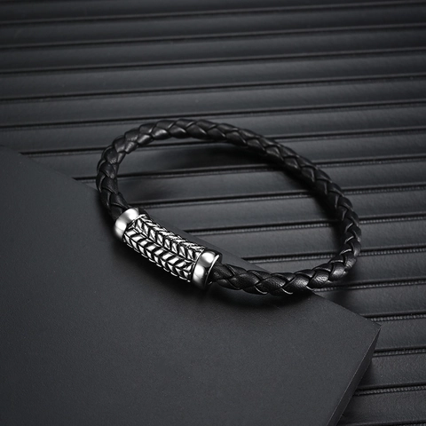 Vintage Herren Schwarz Geflochtenes Lederarmband Mit Edelstahl Rautenmuster Metallverschluss Industrielle Handgewebte Schmuck