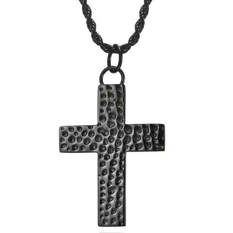 Collana da Uomo in Acciaio Inossidabile Nero Vintage Con Ciondolo a Croce Martellata e Catena a Corda Stile Industrial Punk