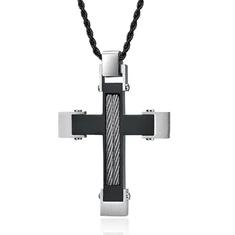 Collier Pendentif Croix en Acier Inoxydable Vintage pour Hommes Câble Industriel Incrusté de Strass Bijoux Tendance