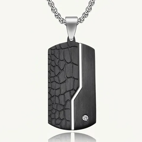 Collana con Pendente Dog Tag in Acciaio Inossidabile Retro Uomo Intarsio di Strass Texture Coccodrillo Gioielli Geometrici
