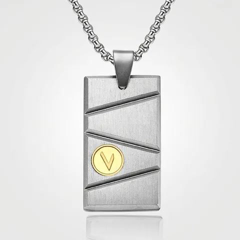 Collana con Pendente Dog Tag Rettangolare in Acciaio Inossidabile Hip Hop Uomo Collana Geometrica in Metallo Spazzolato con Disco Lettera V