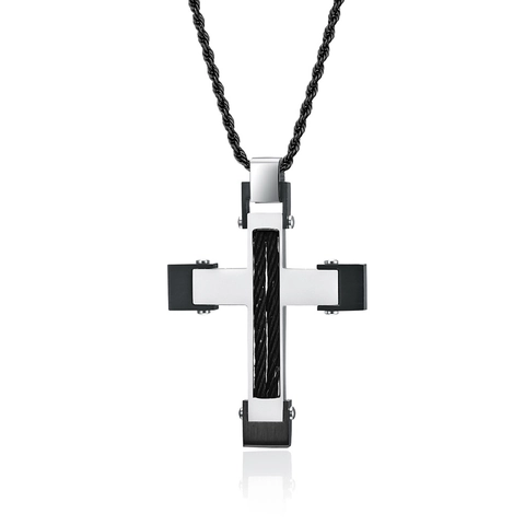 Collier Pendentif Croix en Acier Inoxydable Vintage pour Hommes Câble Industriel Incrusté de Strass Bijoux Tendance