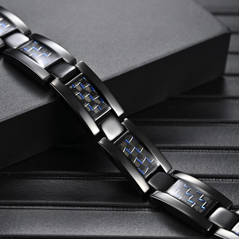 Herren Titanstahl Magnetarmband Schwarz Blau Kohlenstofffaser Eingelegt Hip Hop Gliederarmband Mode Gesunder Schmuck Für Männer Unisex