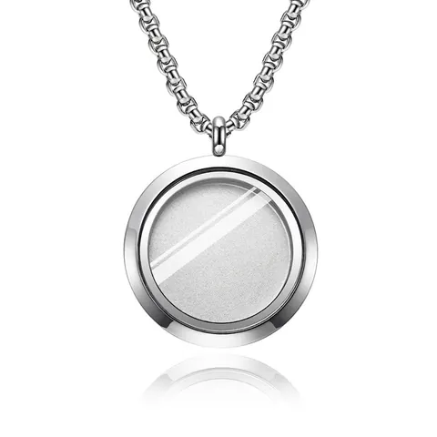 Stainless Steel Round Floating Clear Locket Pendant Necklace Memorial Urn Jewelry For Women Men Simple Box Chain Necklace