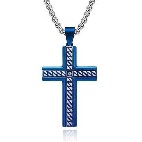 Collana con Ciondolo a Croce in Acciaio Inossidabile da Uomo Gothic Punk Blu Nero Trama Incisa Strass Gioielli Regalo