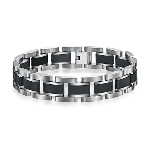Pulsera de Eslabones de Acero Inoxidable y Fibra de Carbono para Hombre Plata Negro Moderno Pulido Geométrico