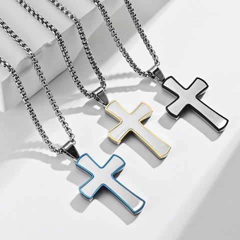 Collar con Colgante de Cruz de Acero Inoxidable Minimalista para Hombre Joyas Religiosas de Metal Cepillado