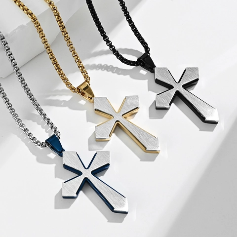 Collana con Pendente a Croce a Doppio Strato Spazzolata in Acciaio Inossidabile da Uomo Rombo Bicolore Galvanizzato Gioielli Religiosi