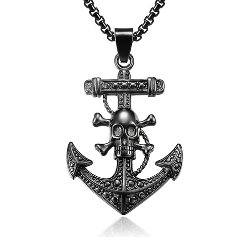 Collana con Pendente Ancora Teschio Vintage per Uomo Acciaio Inossidabile Gioielli Nautici Pirata Gotico Catena a Scatola