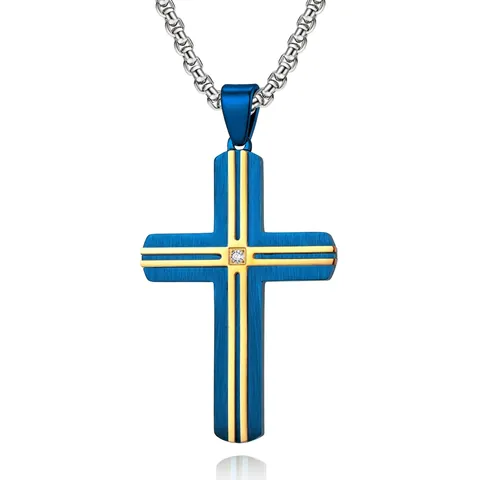 Collier Pendentif Croix en Acier Inoxydable Religieux pour Hommes Femmes Bijoux Strass Incrustés Bicolores Brossés Cadeau