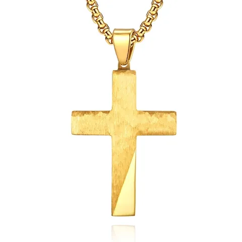Roestvrij Staal Kruis Hanger Halsketting Voor Mannen Vrouwen Goud Staal Verguld Religieuze Sieraden Met Box Ketting Gezandstraalde Textuur
