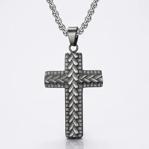 Collar con Colgante de Cruz de Acero Inoxidable para Hombre Retro Textura Tejida Punk Joyería Religiosa para Hombre Regalo de Fiesta