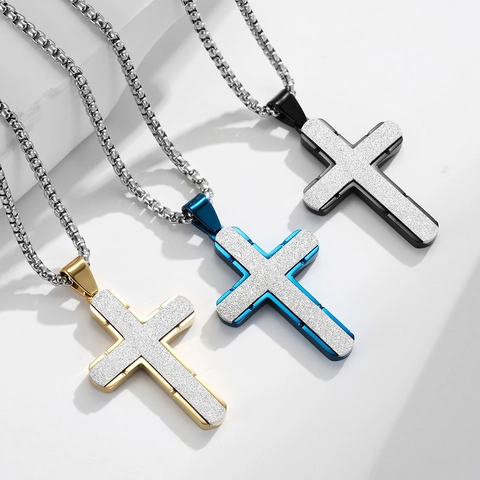 Men's Vintage Stainless Steel Cross Pendant Necklace Frosted Rhinestone Inlaid Religious Punk Jewelry Gift For Men