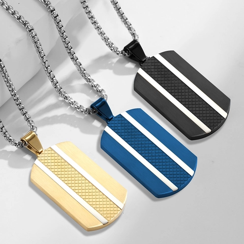 Stainless Steel Dog Tag Pendant Necklace For Men Brushed Texture Grid Pattern With Artificial Pearl Chain Hip Hop Jewelry