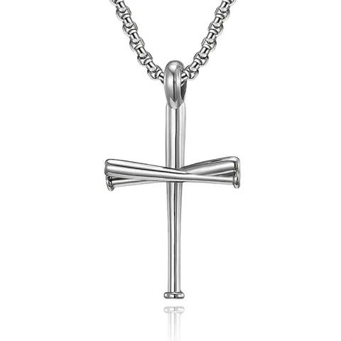 Collana a Croce da Uomo in Acciaio Inossidabile Ciondolo Mazza da Baseball Hip Hop Stile Sportivo Vintage Argento Canna di Fucile Gioielli di Moda Accessorio