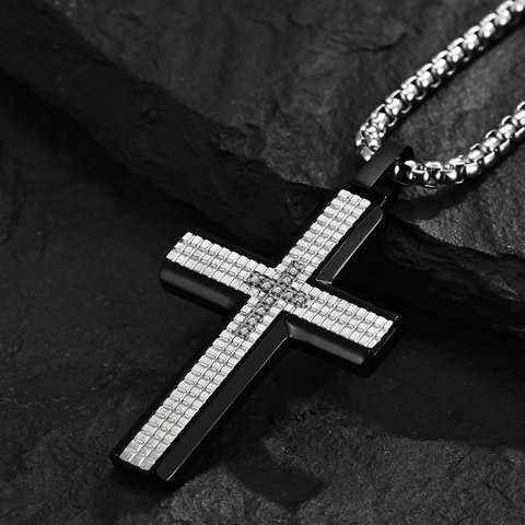 Collar con Colgante de Cruz para Hombre de Acero Inoxidable con Diamantes de Imitación Incrustados CNC Patrón de Rejilla Joyería