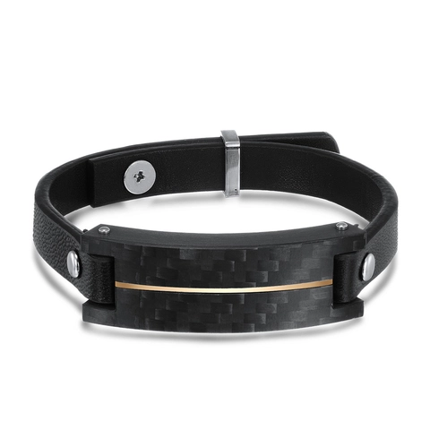 Pulsera de Cordón de Cuero Negro Vintage para Hombre Acero de Titanio Textura de Fibra de Carbono Pulido Ajustable Joyería
