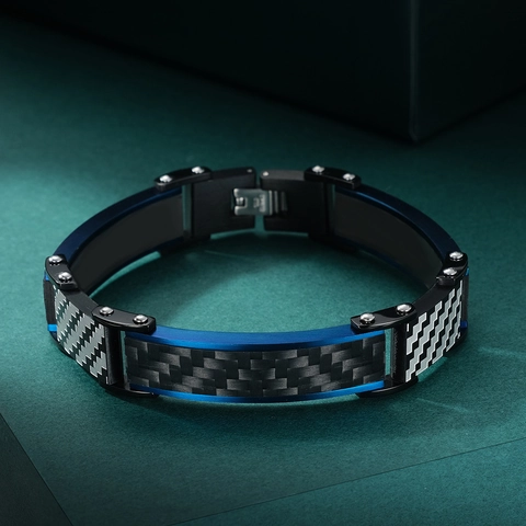 Herren Industrie Edelstahl Kohlefaser Gliederarmband Sportlich Blau Schwarz Silber Gliederkette Armband Schmuck Geschenk