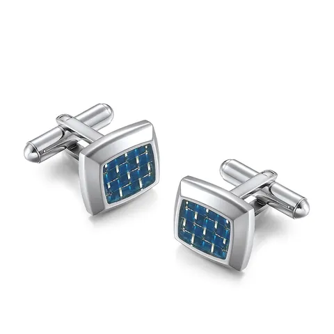 Men's Stainless Steel Blue Carbon Fiber Cufflinks Square Beveled Edge French Shirt Cuff Links For Business Wedding Jewelry