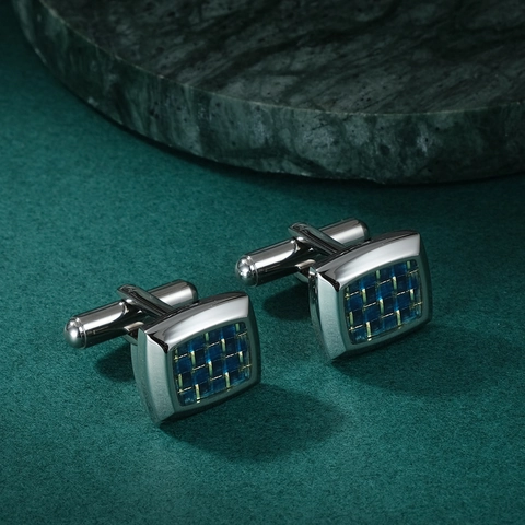 Men's Stainless Steel Blue Carbon Fiber Cufflinks Square Beveled Edge French Shirt Cuff Links For Business Wedding Jewelry