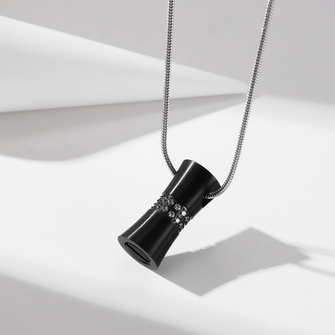 Minimalist Stainless Steel Hourglass Cremation Urn Pendant Necklace For Men Women Black Matte Rhinestone Inlaid Jewelry Gift