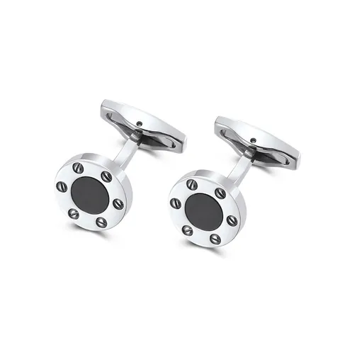 Boutons de Manchette pour Hommes en Acier Inoxydable Design de Vis Ronde Vintage Incrustation en Fibre de Carbone Argent Noir