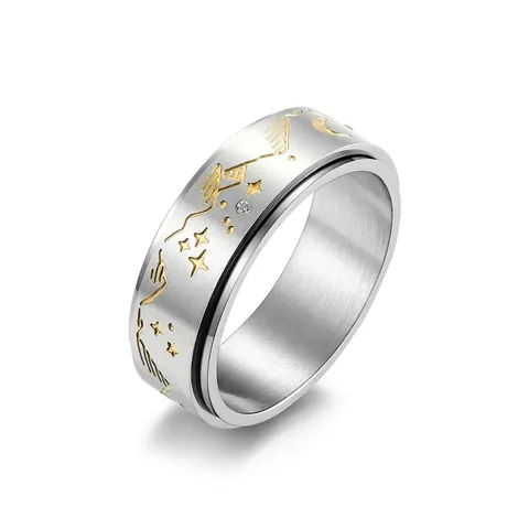 Anello Rotante in Acciaio Inossidabile Antistress Motivo Stella Luna Anello Girevole Gioielli Retro Strass per Uomo Donna