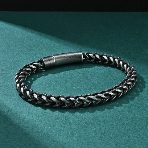 Herren Retro Titanstahl Weizenkette Armband Industrie Stil Gunmetal Distressed Finish Punk Hip Hop Schmuck Für Männer