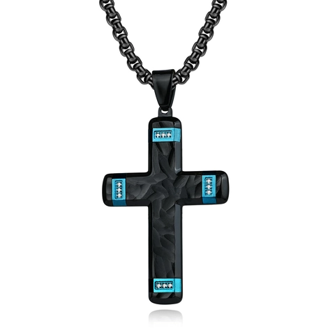 Collar de Colgante de Cruz de Acero Inoxidable para Hombre Textura de Fibra de Carbono Bicolor Strass Incrustado Joyería Punk Retro