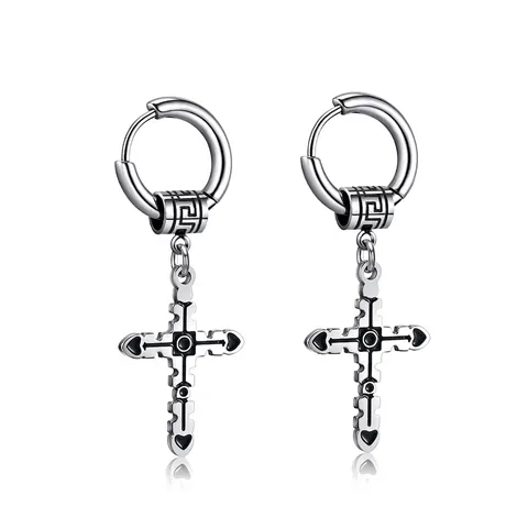 Men's Stainless Steel Cross Hoop Earrings Gothic Punk Greek Key Pattern Drip Oil Religious Pendant Earrings Fashion Jewelry