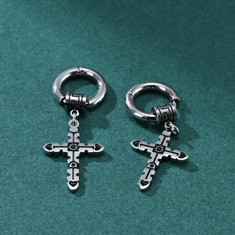 Men's Stainless Steel Cross Hoop Earrings Gothic Punk Greek Key Pattern Drip Oil Religious Pendant Earrings Fashion Jewelry