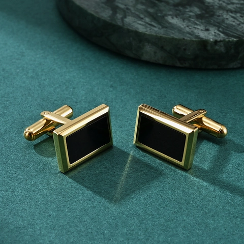 Gemelos de Hombre Minimalistas de Acero Inoxidable Chapado en Oro Con Incrustacion de Agata Negra Geometricos Camisa Negocios
